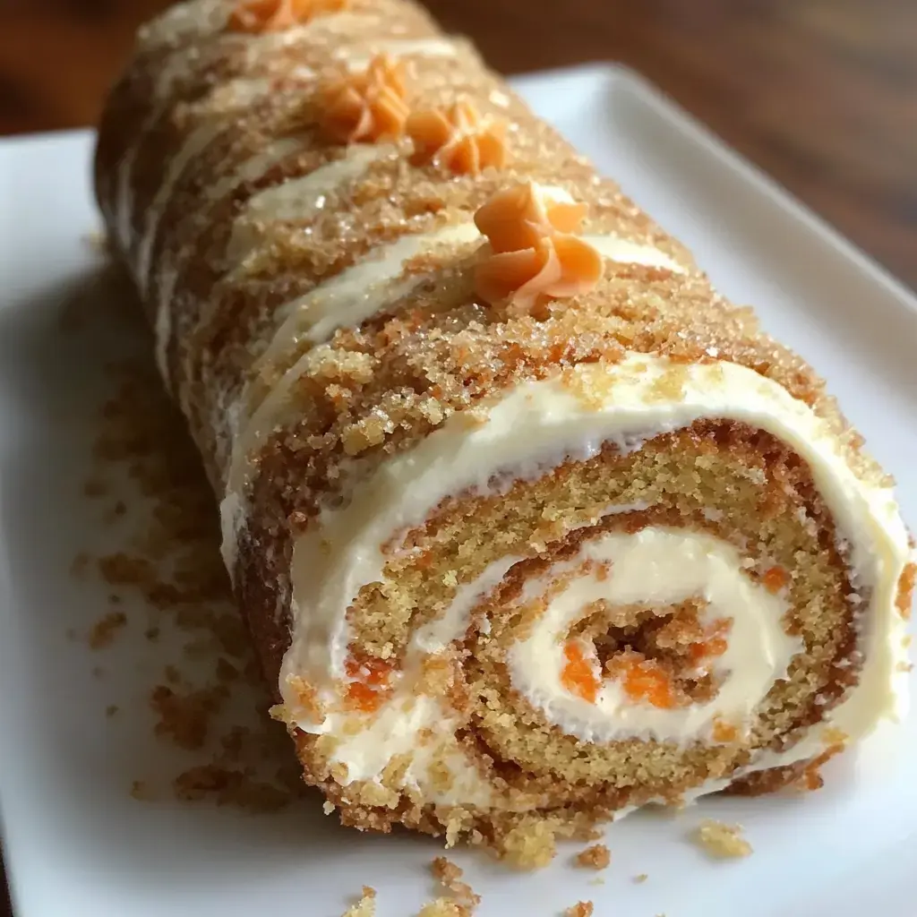 Close shot of a rolled cake dusted with sugar, topped with orange swirl decorations and icing.