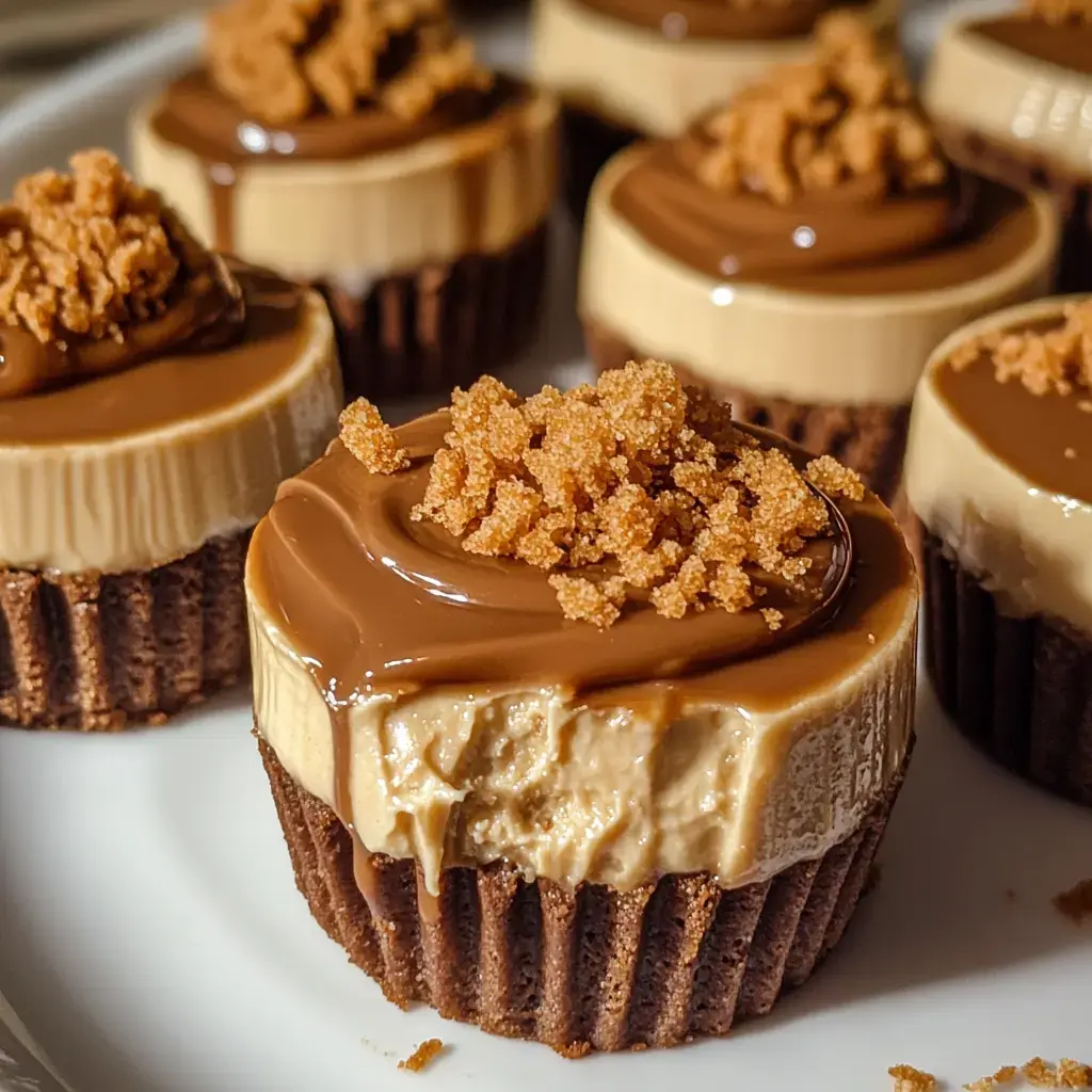 Close-up shot of chocolate cups filled with soft caramel, topped with crumbs of brown sugar.