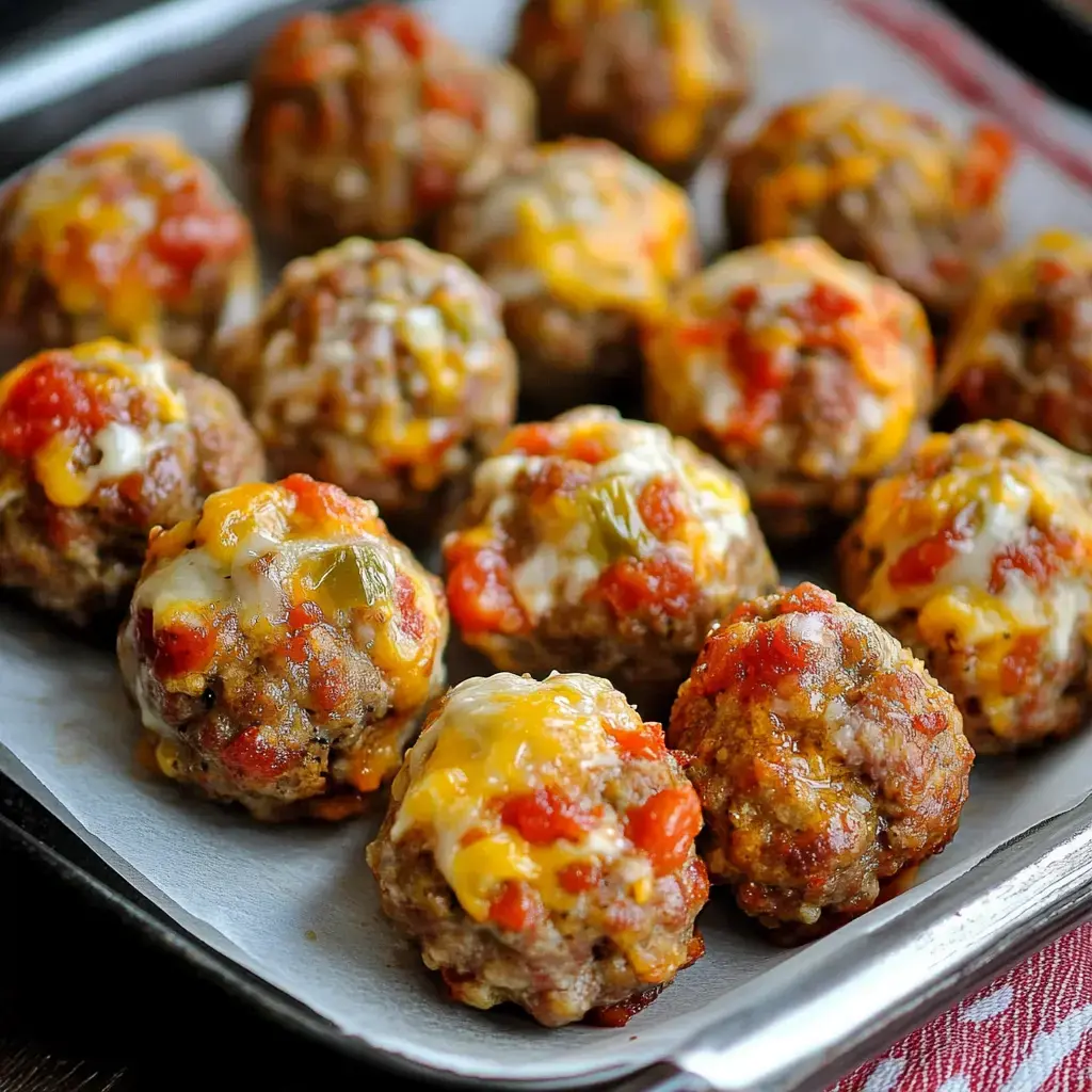 Tray of cheesy, golden sausage bites with salsa garnish.
