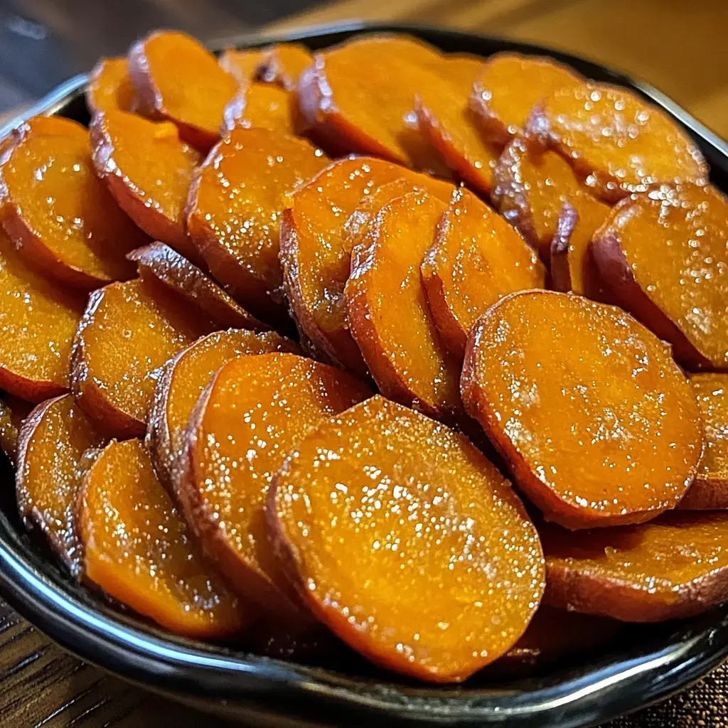 Close-up of glossy sweet potato slices on a dark plate.