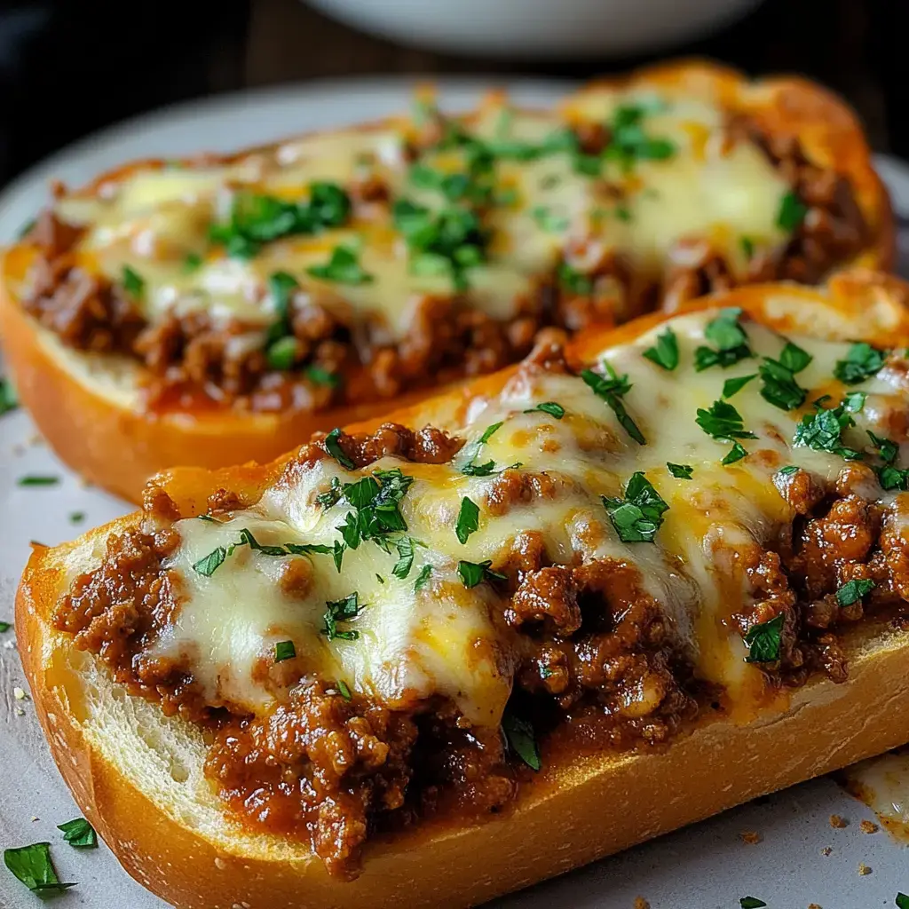 Toasty bread slices topped with seasoned meat, bubbly cheese, and a sprinkle of parsley.