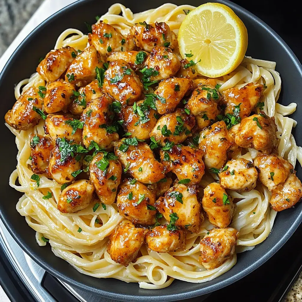 A generous serving of fettuccine with glazed chicken pieces, sprinkled with parsley and a lemon wedge on the side.