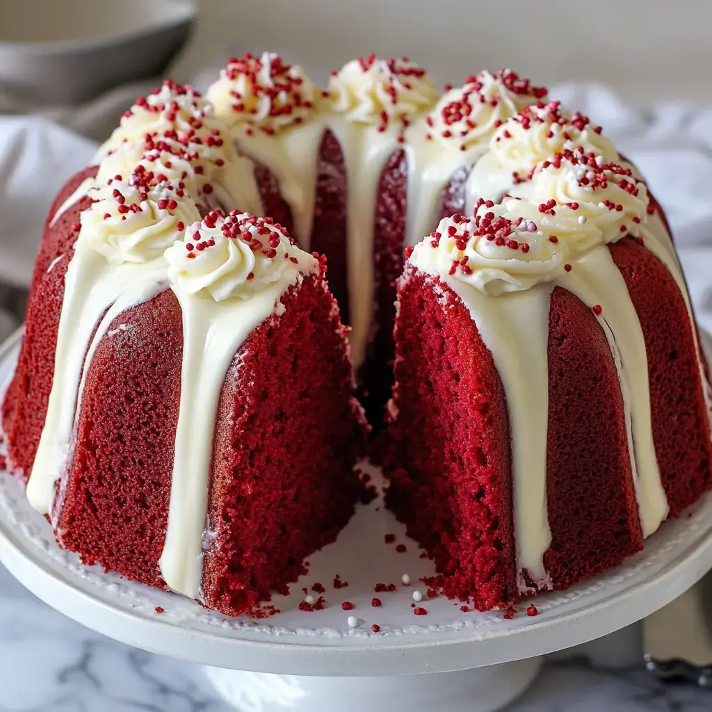 A gorgeous red velvet bundt cake with a cream cheese swirl and red sprinkles on a white stand, showing a fluffy red center.