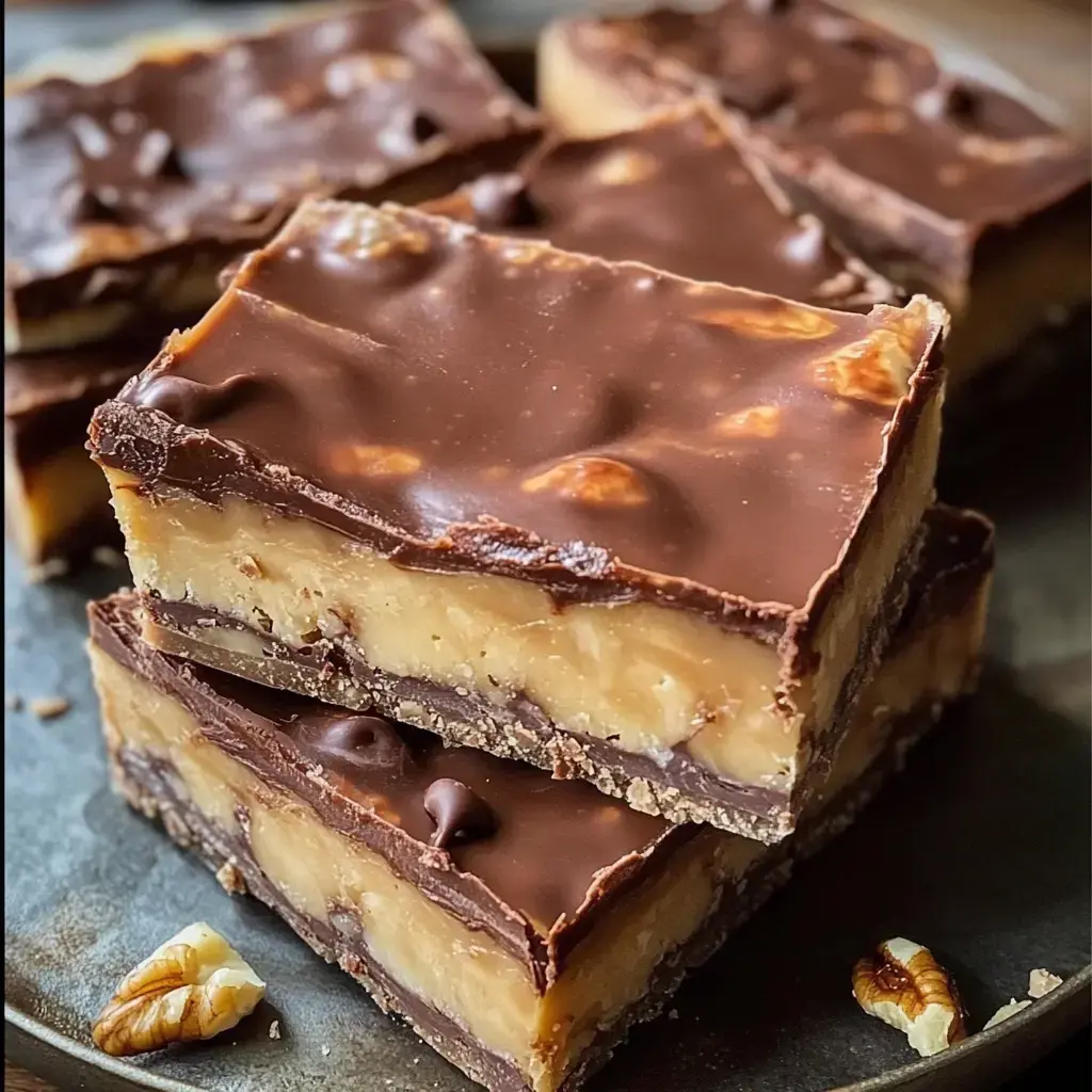 A plate with chocolate bars layered with caramel, plus a pecan on the side for garnish.