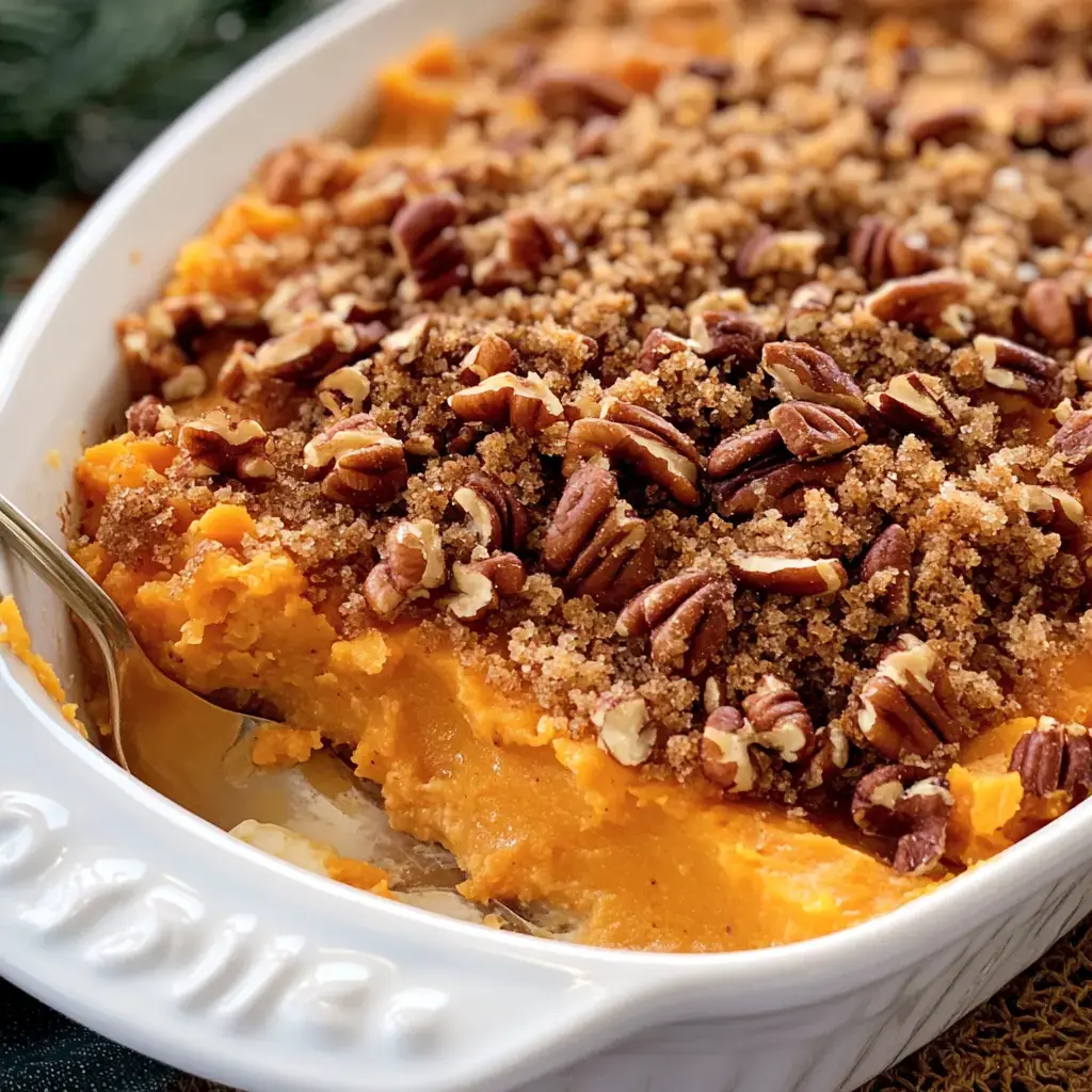 Close shot of baked sweet potato casserole with pecan topping.
