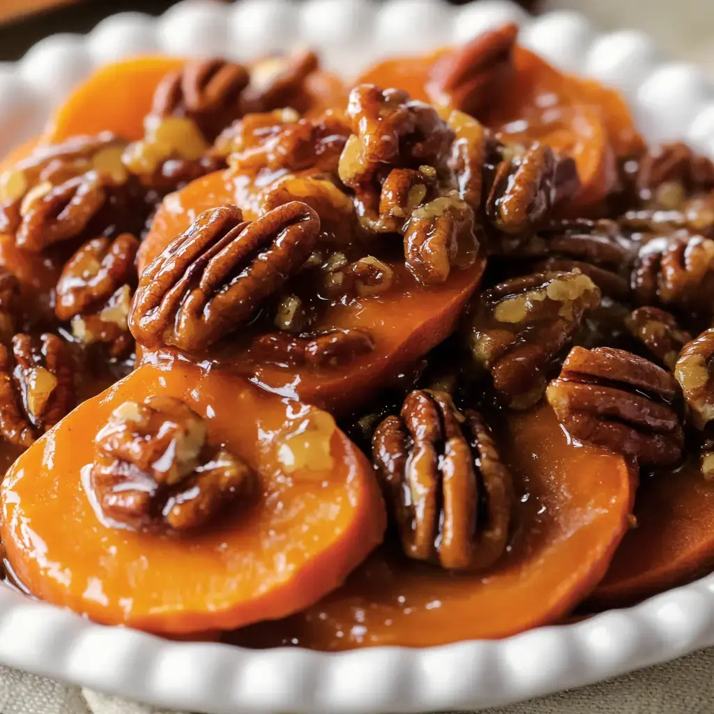 Close-up of sliced sweet potatoes drizzled with maple glaze and crunchy candied pecans.