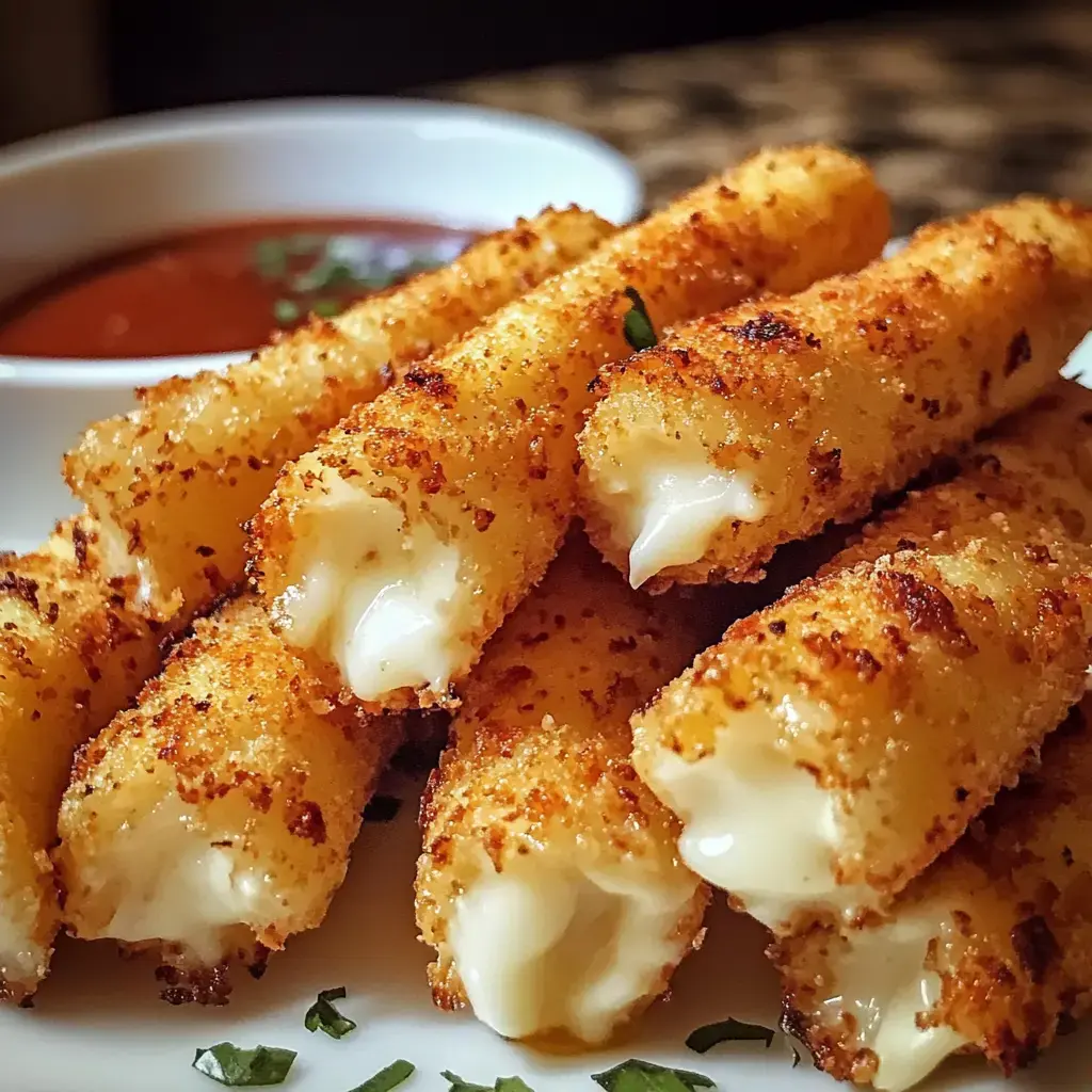 Crispy, golden onion rings stuffed with cheese served on a plate with marinara sauce nearby.