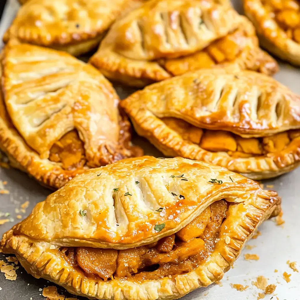 Golden pastries shaped like pumpkins, filled with spiced filling, sitting on a tray.