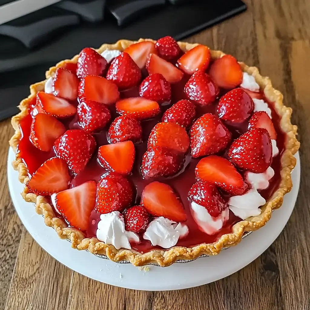 Big strawberry pie covered with whipped cream drops and fresh strawberries sitting on wood.