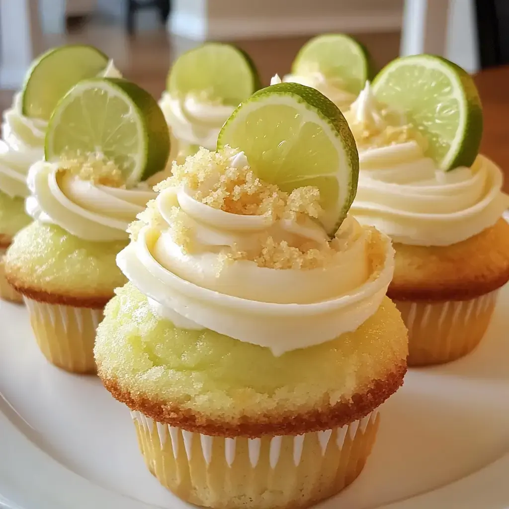 Cupcakes on a plate covered with fluffy white frosting, graham sprinkles, and lime on top.