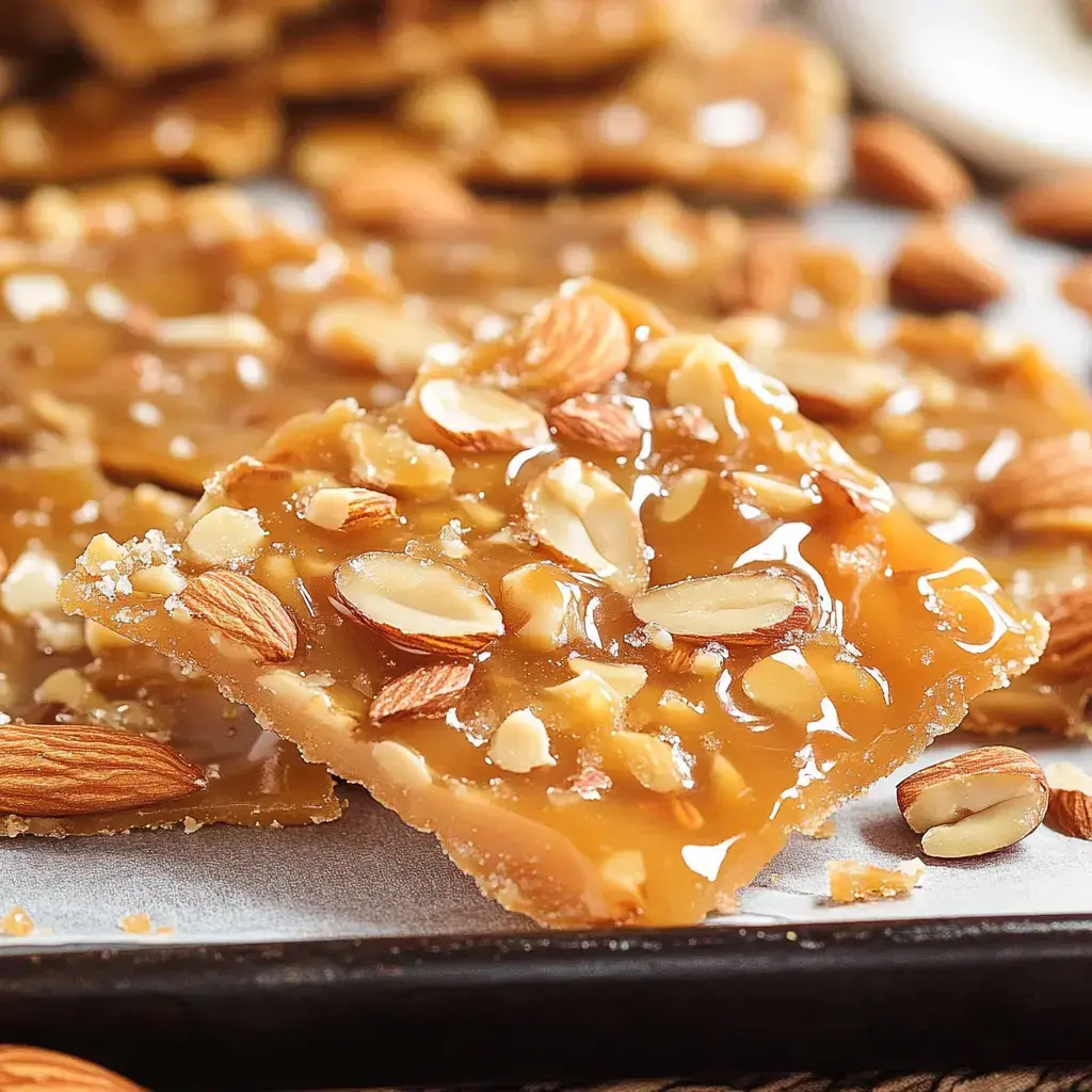 A piece of nutty almond candy with sliced nuts on top, sitting on a baking sheet.