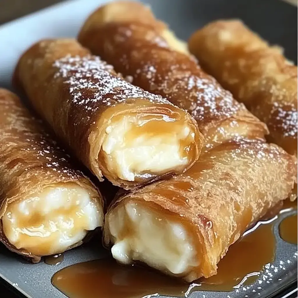A plate piled with golden, crispy rolls oozing creamy filling and topped with caramel, lightly dusted in powdered sugar.