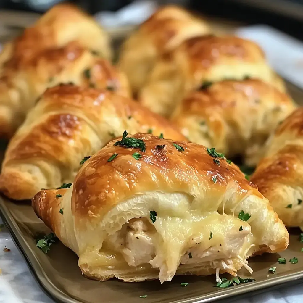 Close shot of flaky golden crescent wraps stuffed with cheesy chicken, topped with parsley bits.