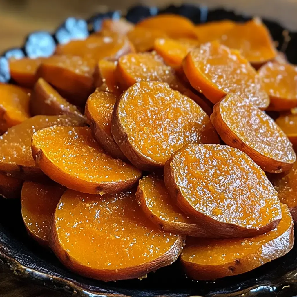Glossy sweet potato slices filling a black bowl up close.