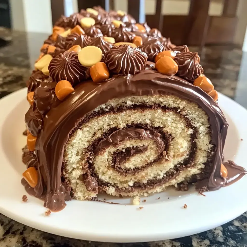 A chocolate-coated rolled cake decorated with chocolate frosting, caramel bits, and white chocolate chips sits on a white plate.