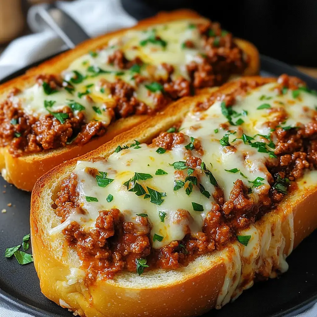 Toasted bread slices loaded with cheesy meat mixture and a sprinkle of fresh parsley on a dark dish.