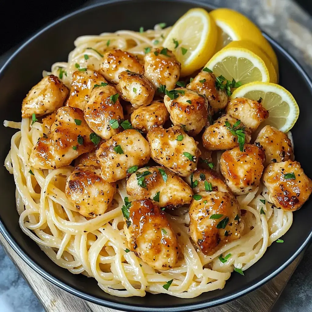 A bowl of spaghetti loaded with golden chicken and a glossy, herby sauce, finished off with parsley and a squeeze of lemon.