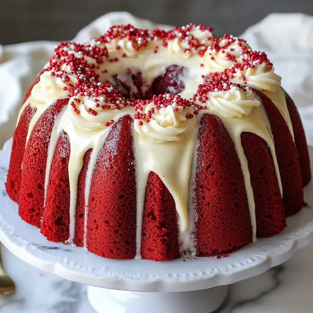 A pretty red bundt cake with whipped white icing and red flakes sits on a cake stand.