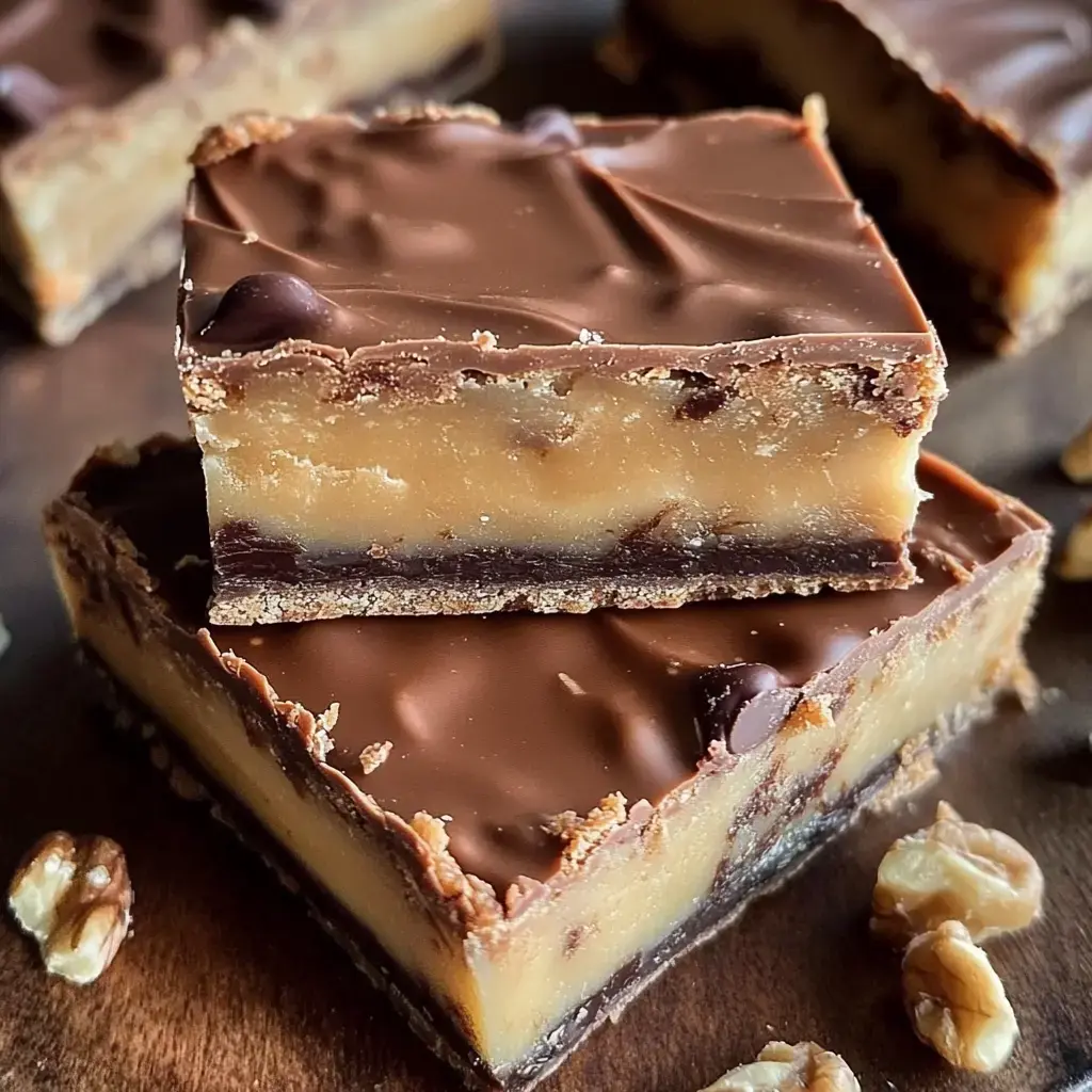 Layered chocolate bars and creamy fudge with walnuts in the background up close.