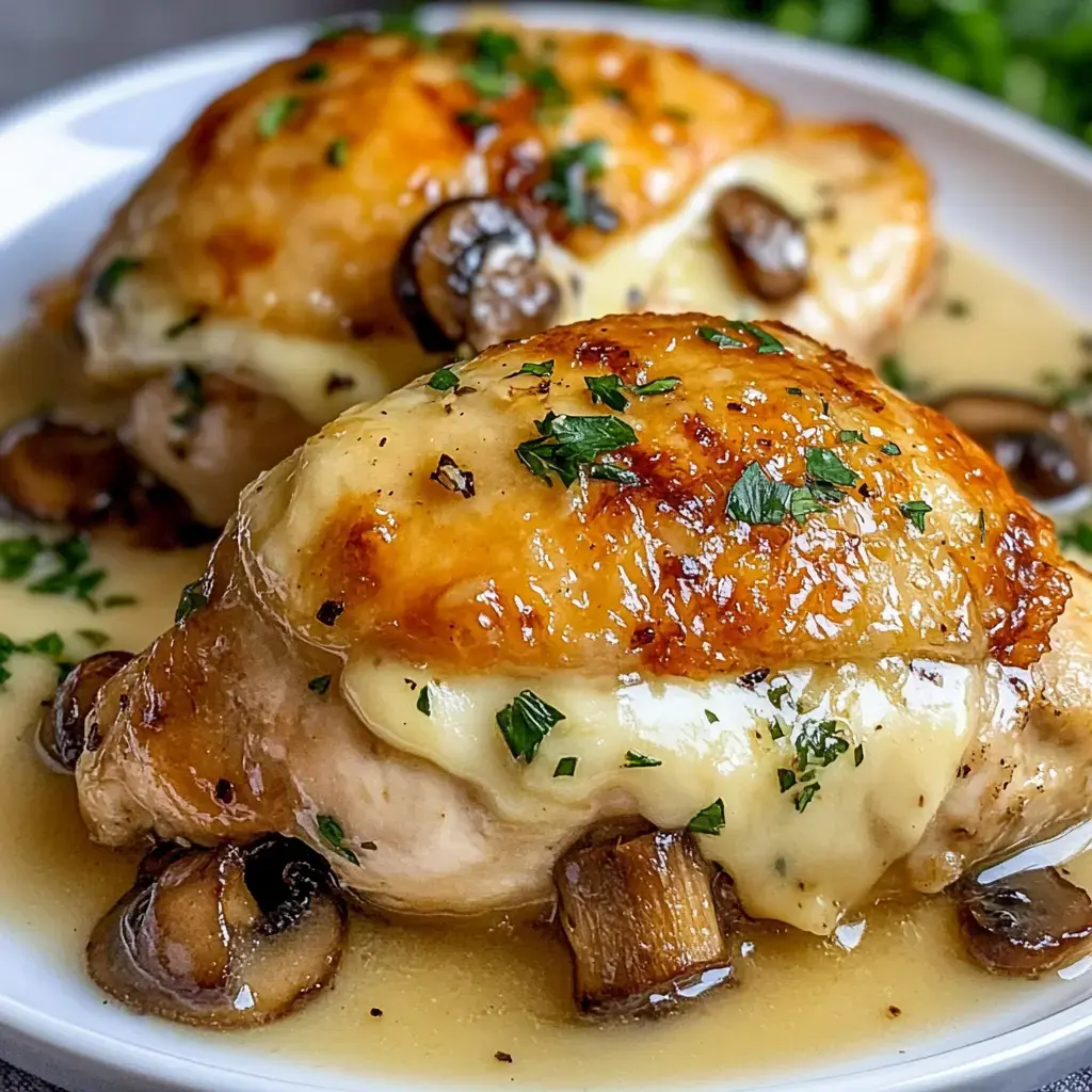 Close look at juicy chicken thighs with gooey cheese oozing out, fresh herbs sprinkled on top, and a creamy mushroom sauce pooling around.