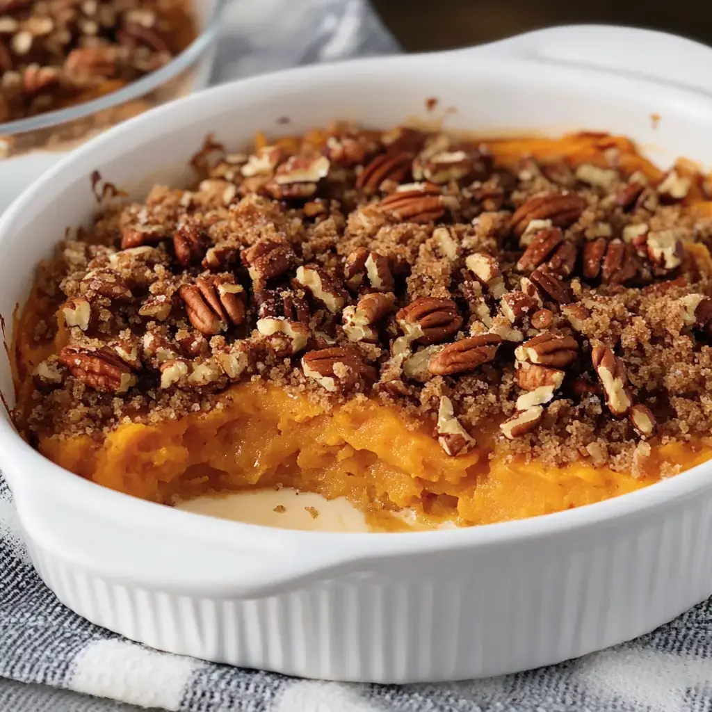 Close up shot of sweet potato bake with a messy layer of pecans and brown sugar in a white pan.