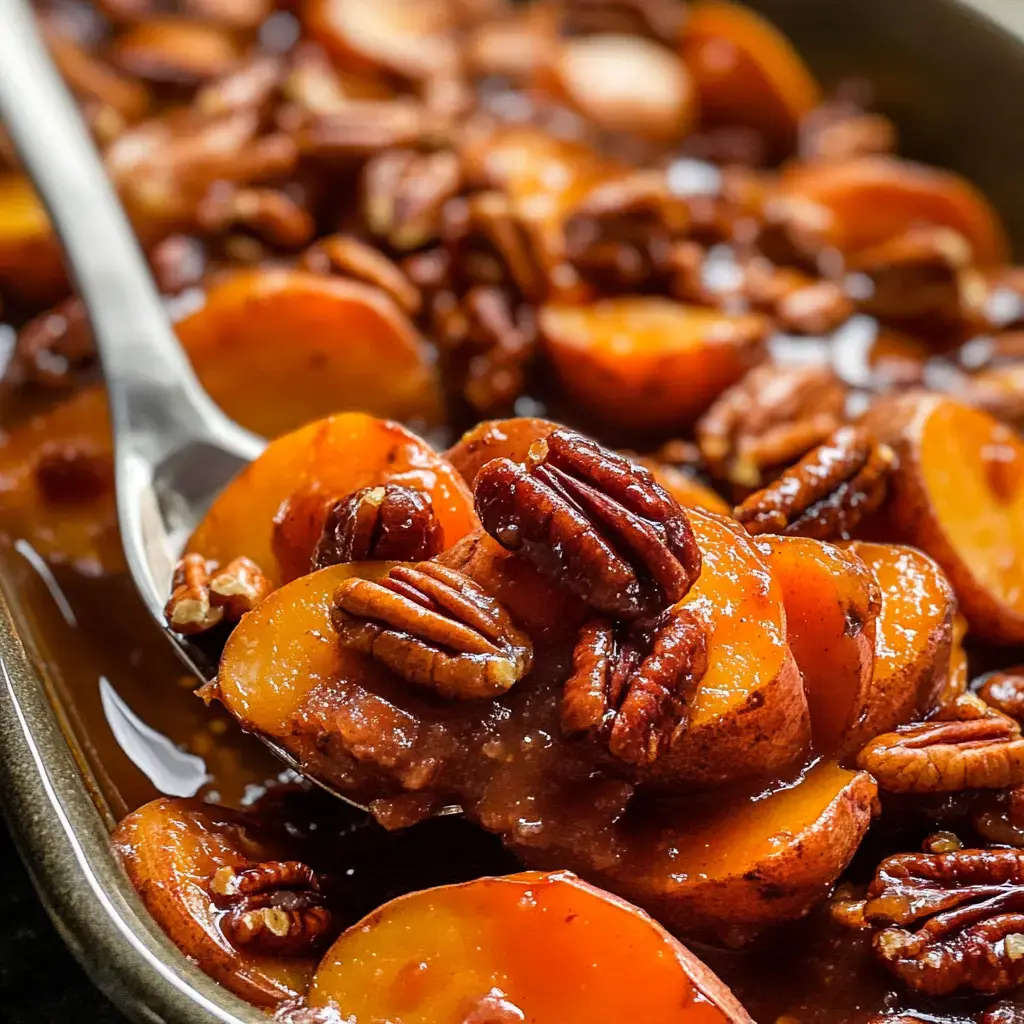 Sliced sweet potatoes with glossy syrup and pecans close up.