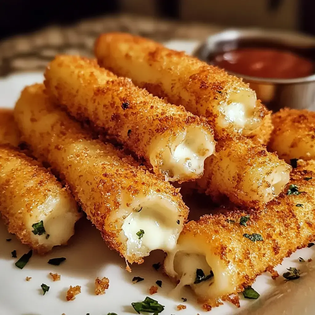 Crispy, cheesy golden sticks piled on a plate with a dipping cup of marinara on the side.