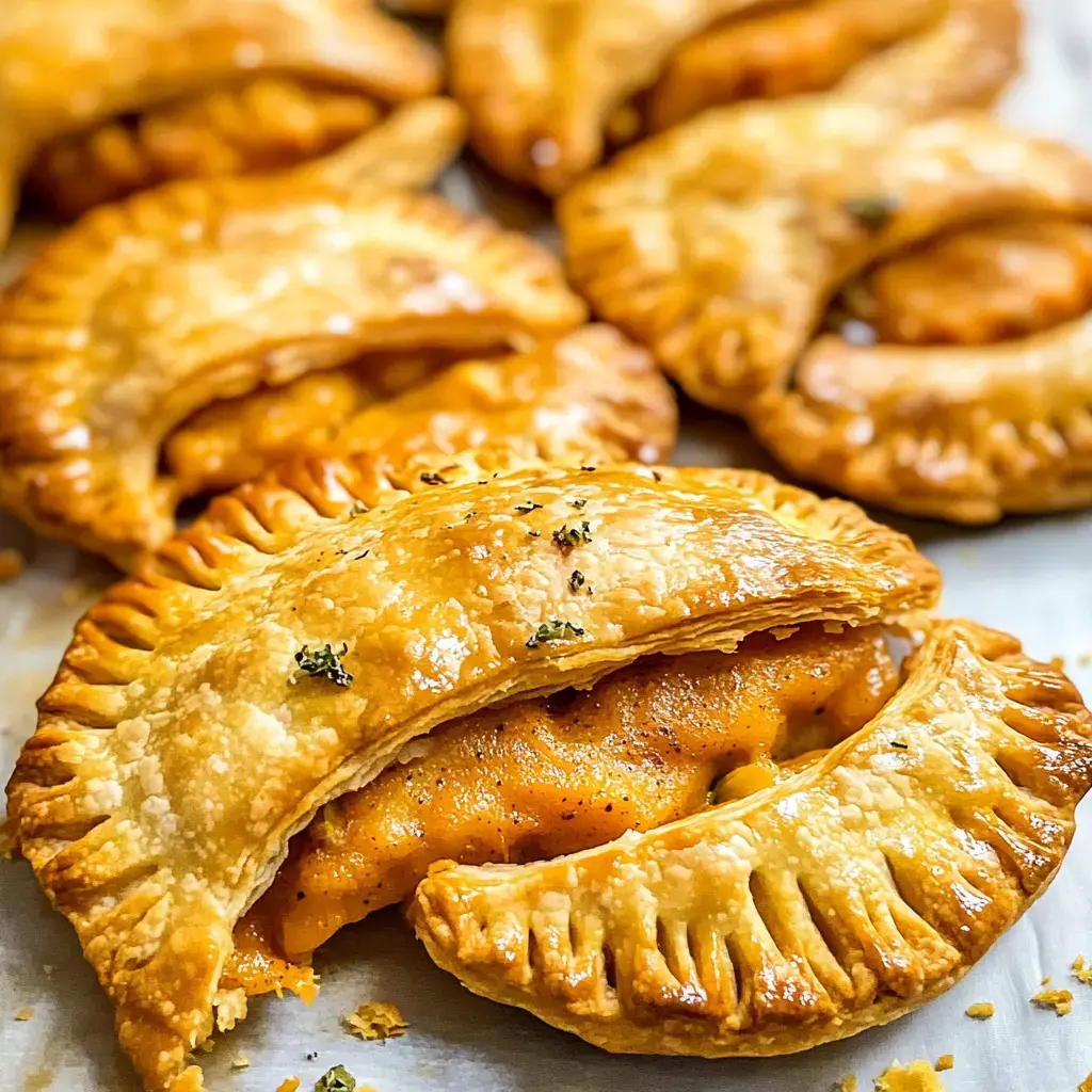 Golden hand pies, a few open enough to show gooey pumpkin inside, lined up on a baking sheet.