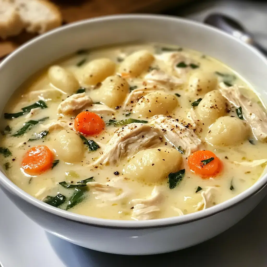 A bowl filled with chicken gnocchi soup loaded with spinach and carrots.