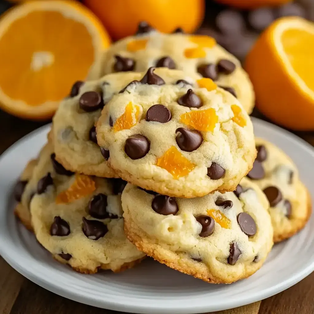 Tall stack of fresh cookies studded with gooey chocolate chips and orange bits, halved oranges sitting behind.