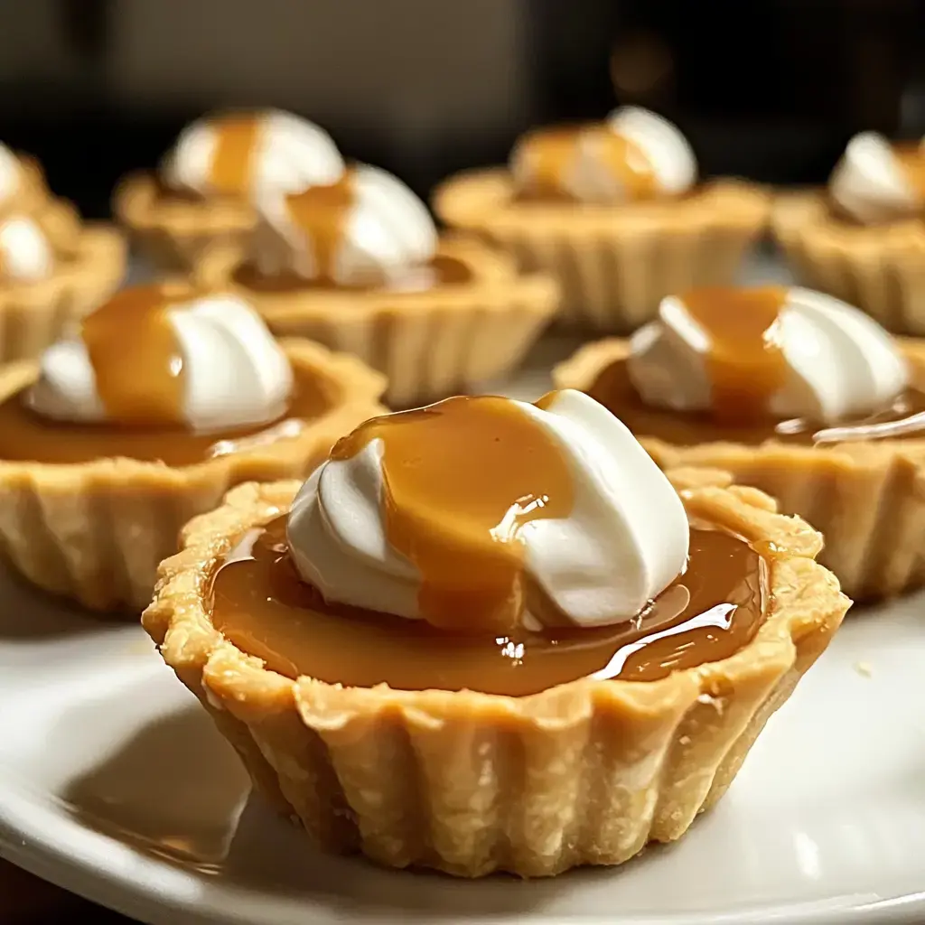 Mini caramel tarts with swirls of whipped cream and a drizzle of caramel sauce, close up.