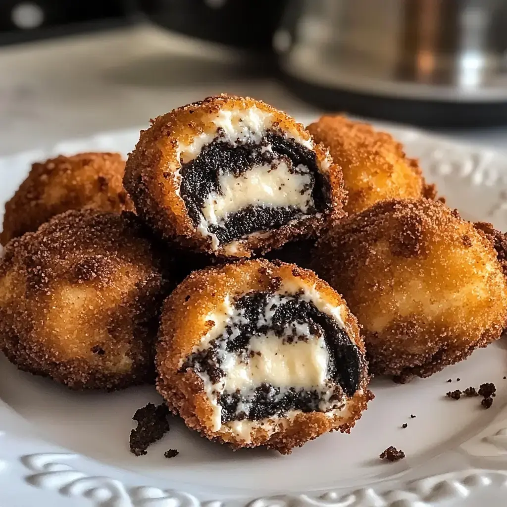 A close-up view of a plate of deep-fried treats, with one halved to reveal layers of creamy filling and a chocolate cookie center.