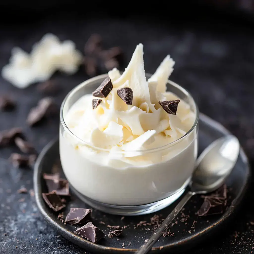 A small dessert cup packed with smooth white mousse, topped with chocolate chunks on a dark plate, chocolate scattered in the background.