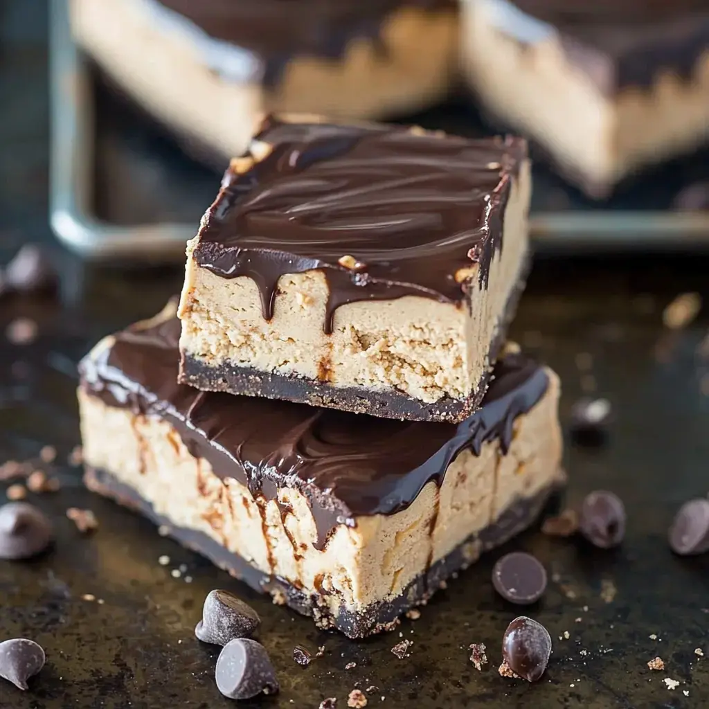 Two layered chocolate peanut butter bars stacked with chocolate chips around on a dark surface.