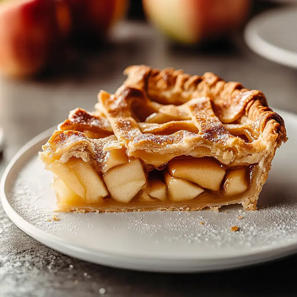 Golden apple pie slice with a perfect lattice crust, revealing soft, spiced apples inside on a white plate dusted with sugar.