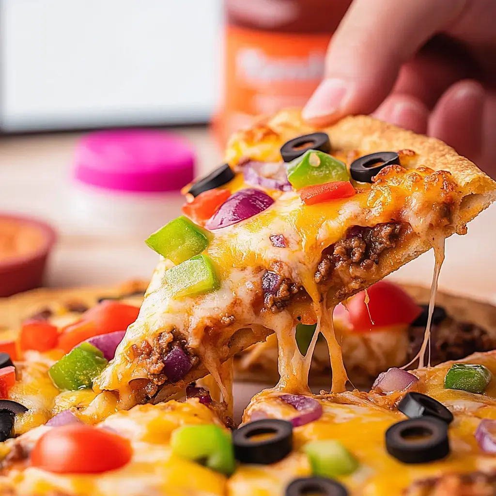 A hand lifting a gooey, cheesy slice of loaded pizza with toppings and ground beef.