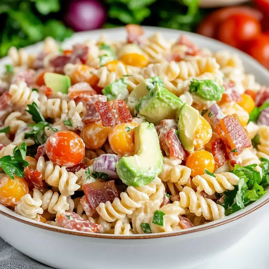 Bright bowl of pasta salad with spiral noodles, cherry tomatoes, avocado, bacon bits, and a creamy dressing.