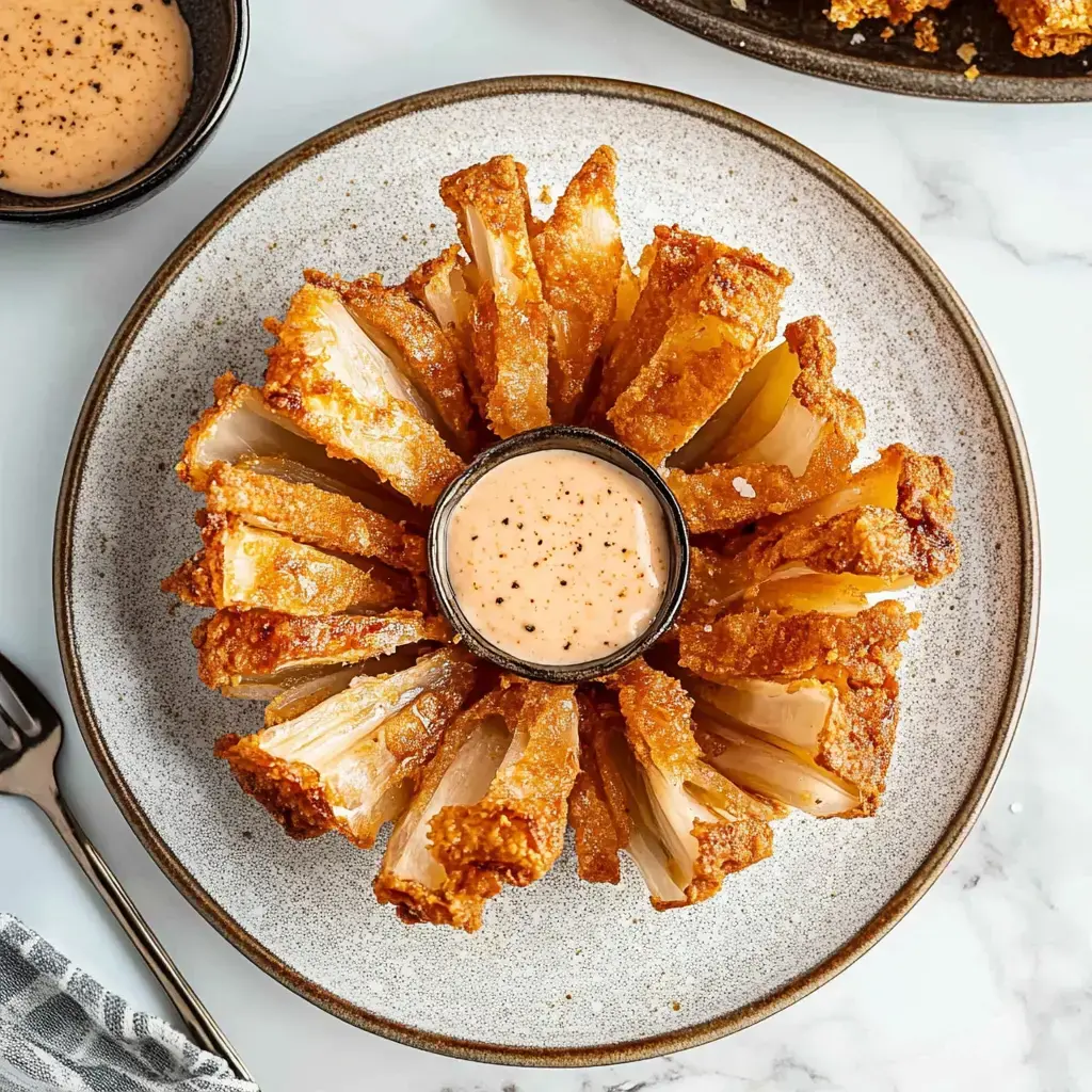 Golden crispy onion petals on a plate with dipping sauce in the center.