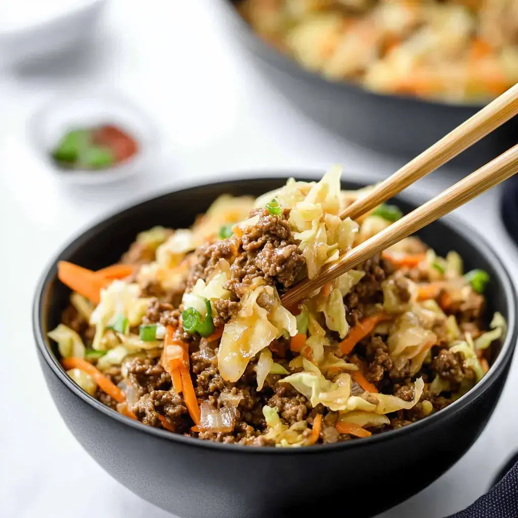 Ground beef sautéed with cabbage, carrots, and green onions served in a bowl with chopsticks.