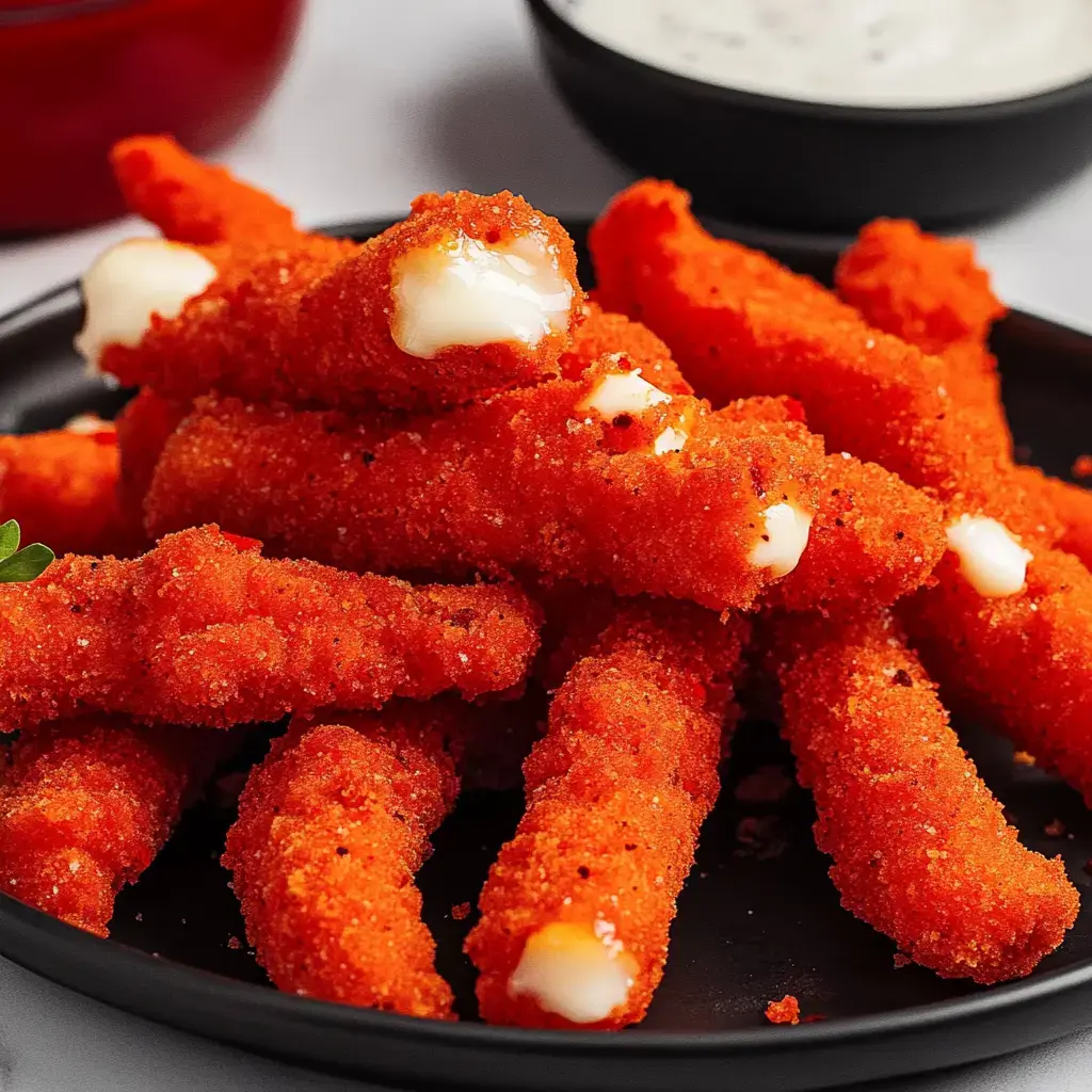 Crispy cheesy sticks with a spicy orange coating on a plate, with a parsley garnish and dipping sauce on the side.
