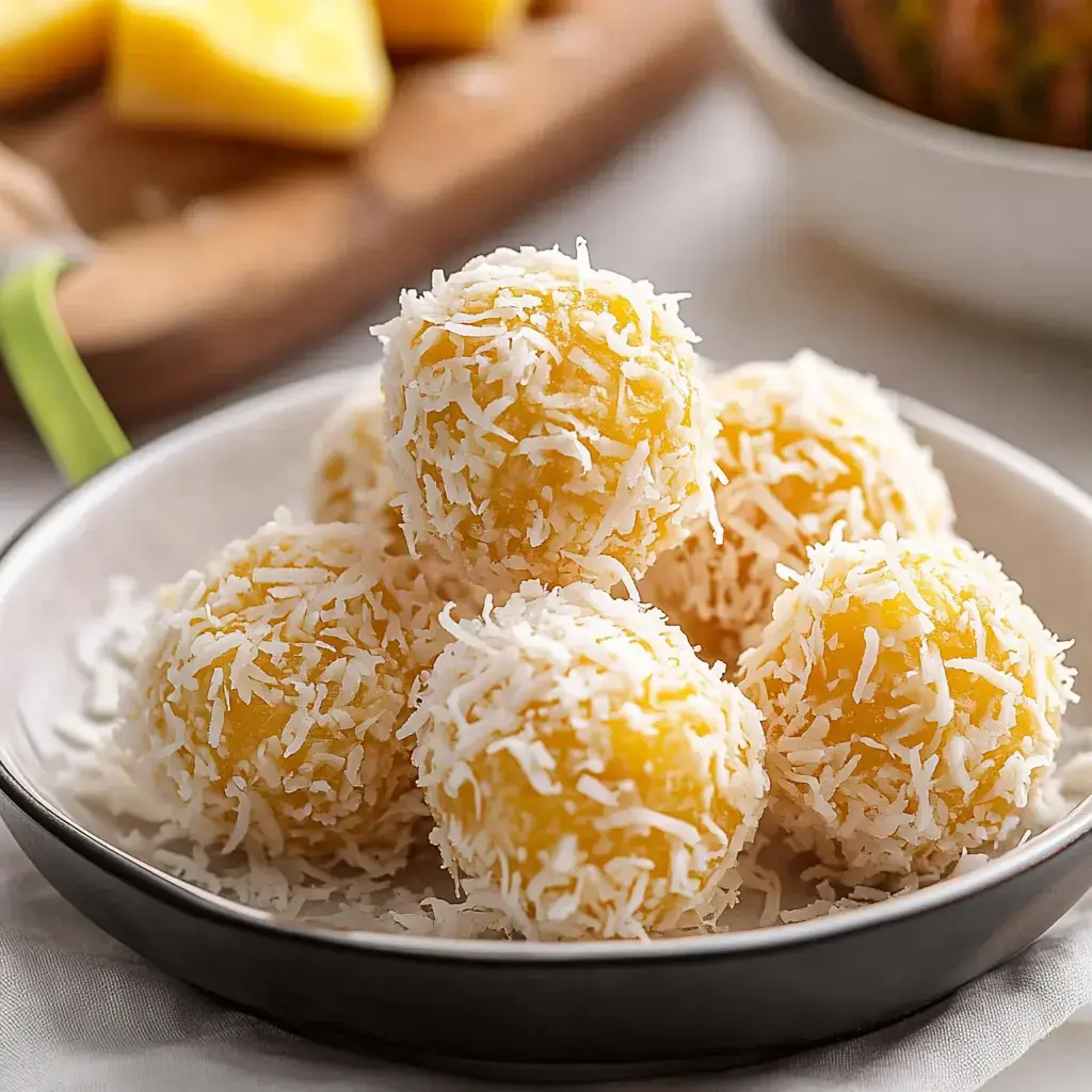 Close-up of yellow coconut-coated treats on a black-and-white dish surrounded by pineapple pieces.