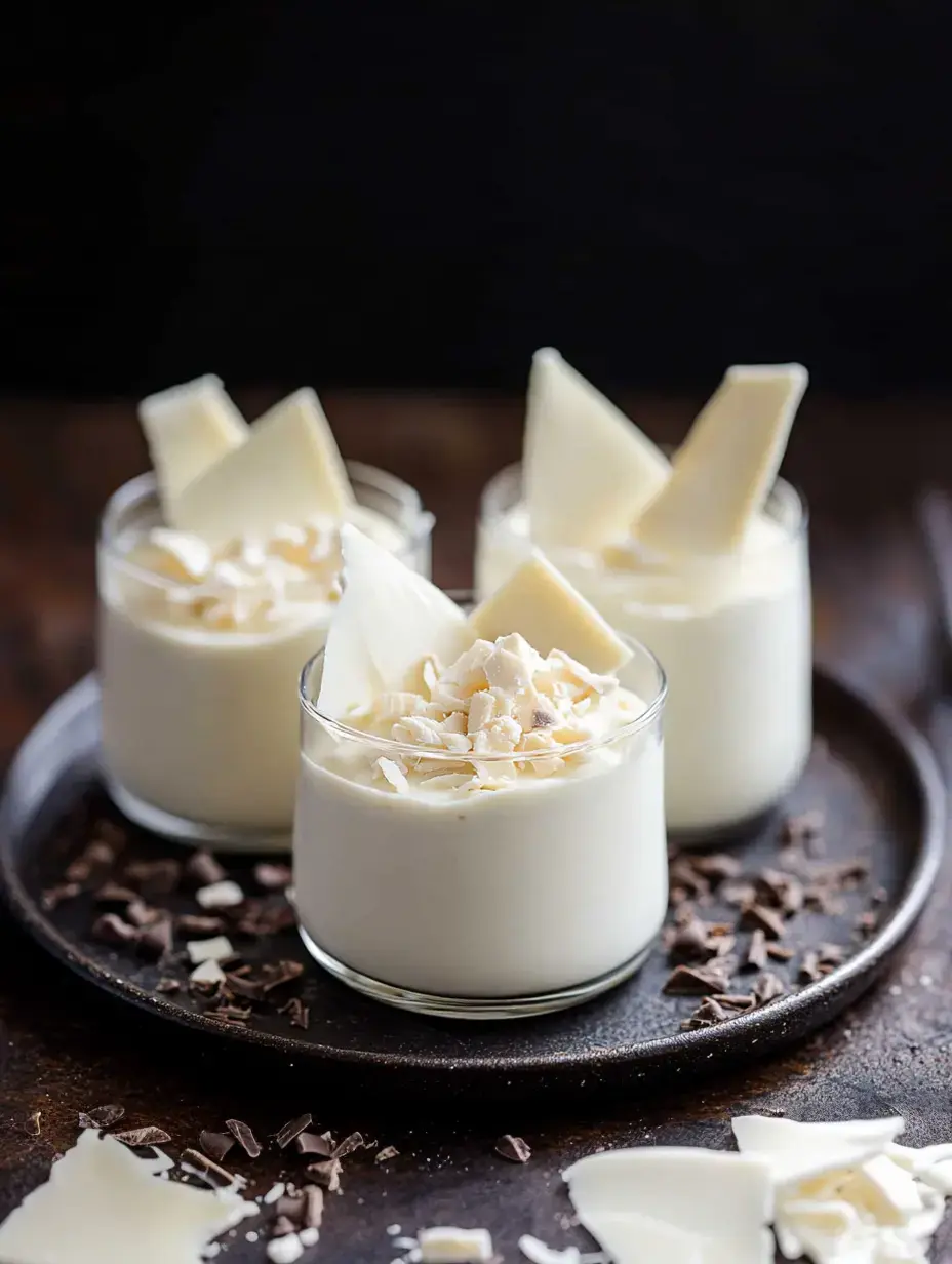 Three glasses packed with creamy mousse topped with curls and white chocolate triangles sit on a dark tray littered with shavings.