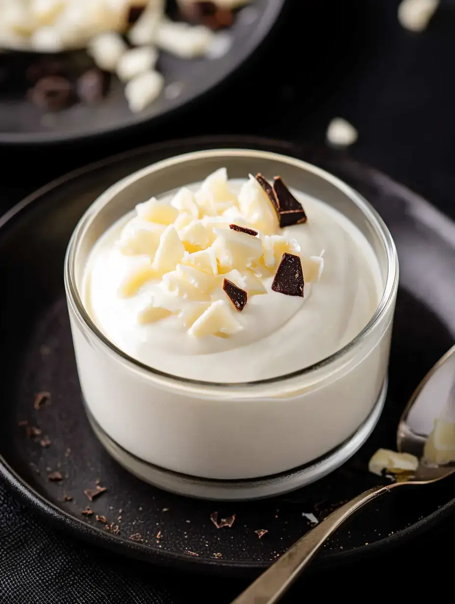 One serving dish filled with creamy mousse and a mix of dark and white chocolate shreds, all on a moody dark plate.