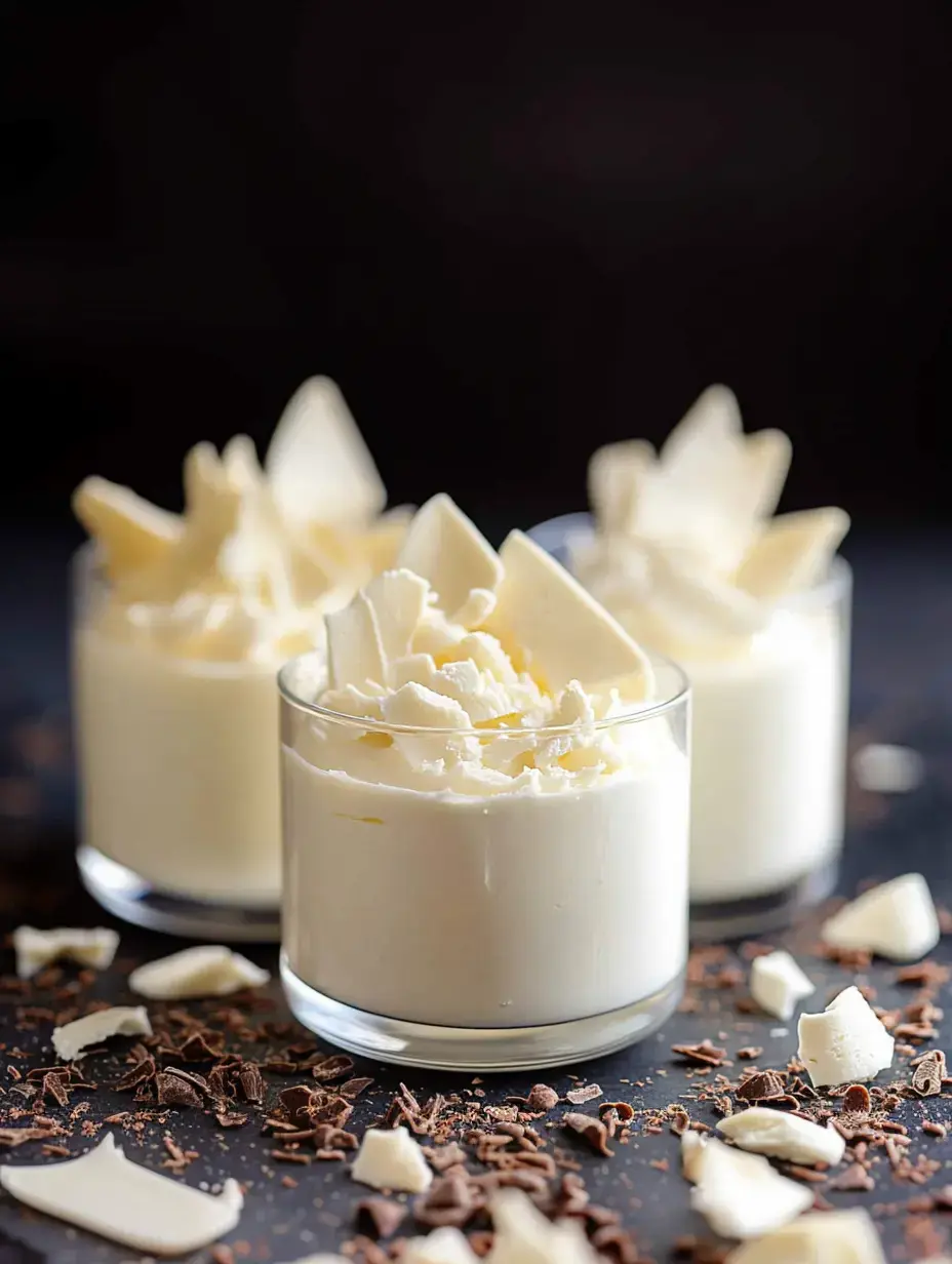 Three tall glasses brimming with whipped mousse and white chocolate flakes, surrounded by little chocolate bits on a dramatic dark surface.