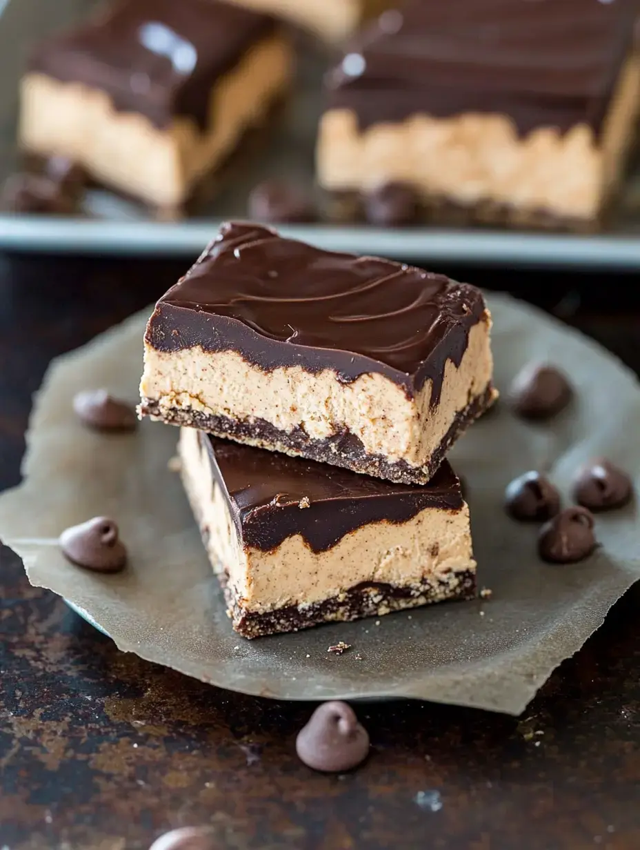 Chocolatey peanut butter layered bars sit stacked on parchment with extra chocolate chips scattered around.