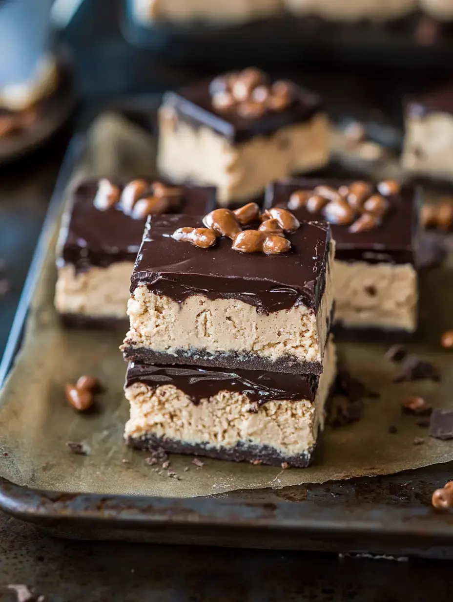 Stacked bar treats with chocolate and peanut butter layers, showered in chocolate chips, resting on a dark platter.
