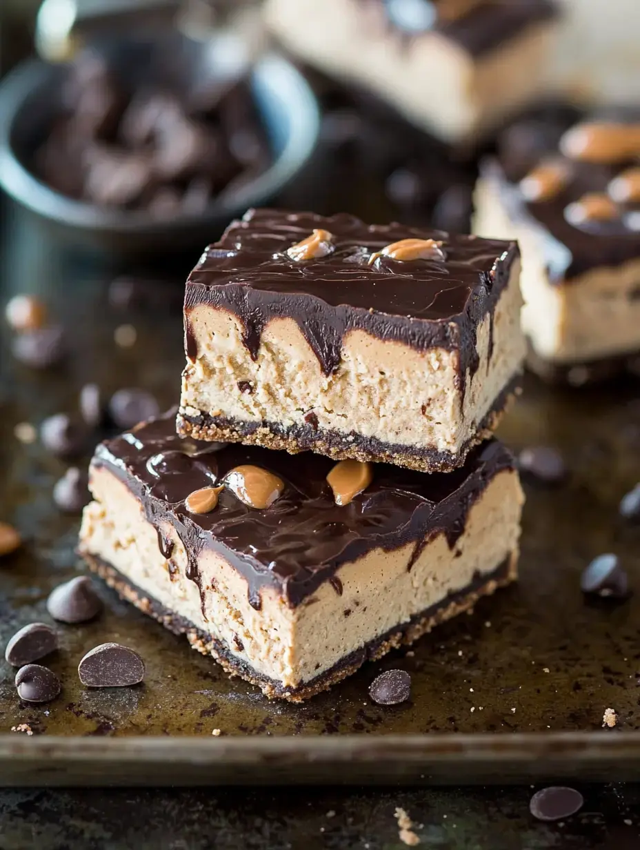 Two bars with a chocolate top, creamy peanut butter center, and cookie crumb base, surrounded by chocolate chips close up.