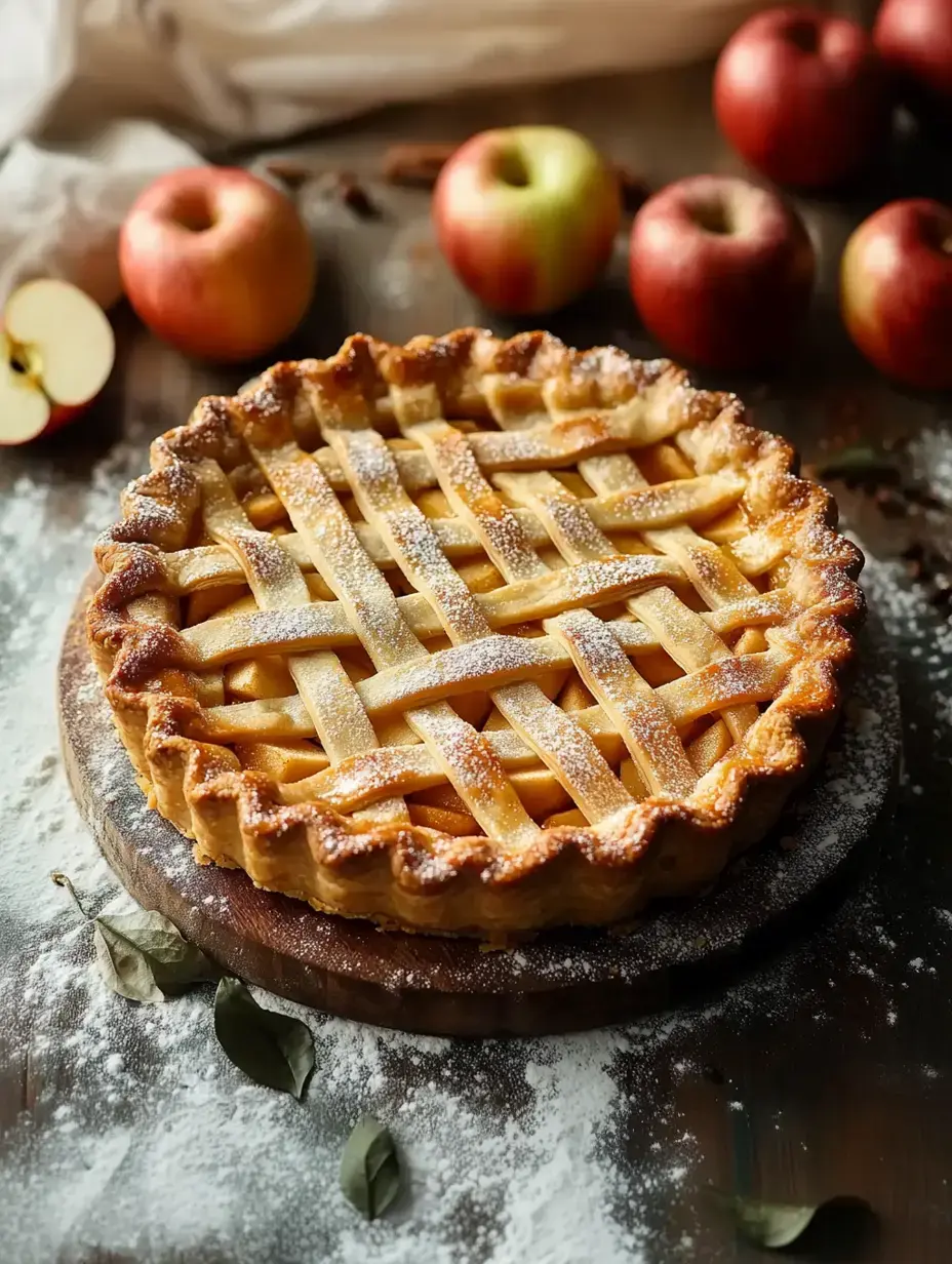 A golden apple pie with a lattice top on a wooden board, surrounded by fresh apples and sprinkled flour.