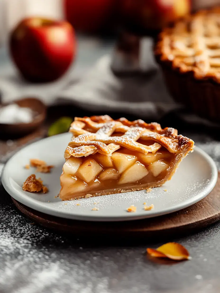 A lattice-topped apple pie slice sits on a white plate, with fresh apples and a bowl of sugar nearby.