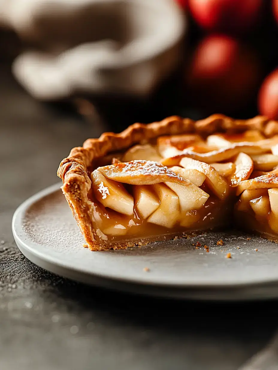 A piece of apple pie with flaky crust stacked on a gray plate, showing tender apple layers and golden dough, with red apples softly blurred in the background.